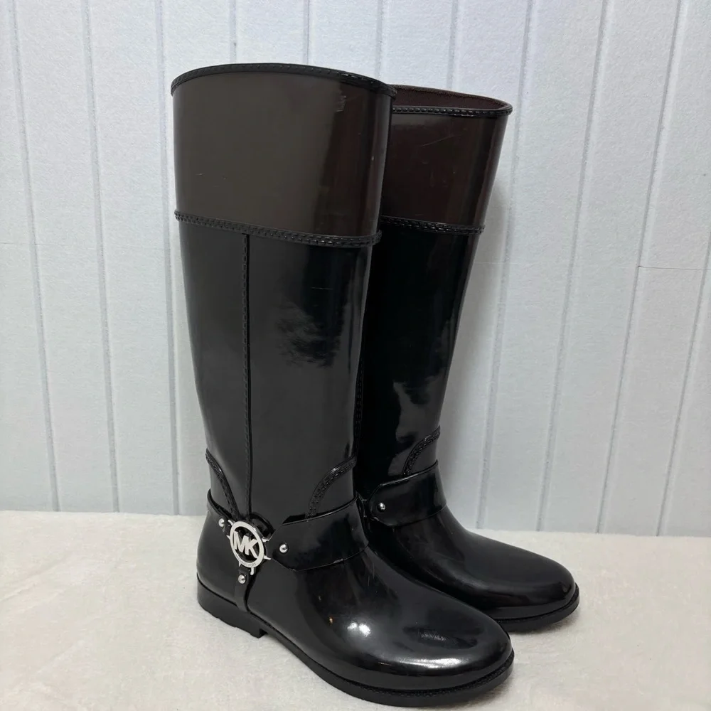 Michael Kors Fulton Tall Rain Boots Black‎ and brownSize 8